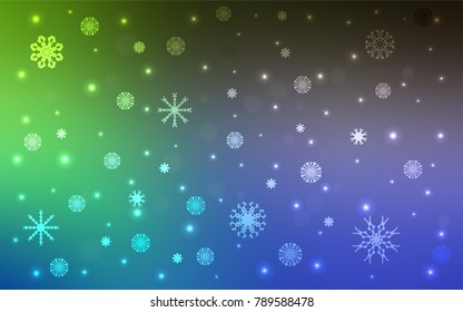 Light Blue, Green vector cover with beautiful snowflakes. Snow on blurred abstract background with gradient. The pattern can be used for year new  websites.
