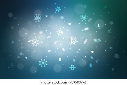 Light Blue, Green vector cover with beautiful snowflakes. Shining colored illustration with snow in christmas style. The template can be used as a new year background.