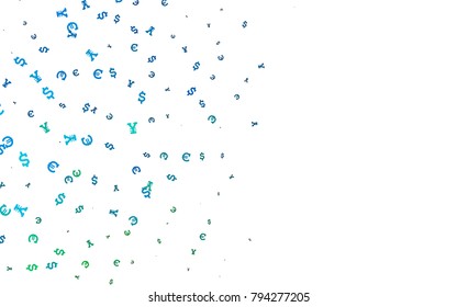 Light Blue, Green vector cover with Euro, Dollar, Yen signs. Abstract illustration with colored financial digital symbols. The pattern can be used as ads, poster, banner for payments.