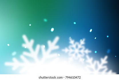 Light Blue, Green vector cover with beautiful snowflakes. Snow on blurred abstract background with gradient. The pattern can be used for new year ad, booklets.
