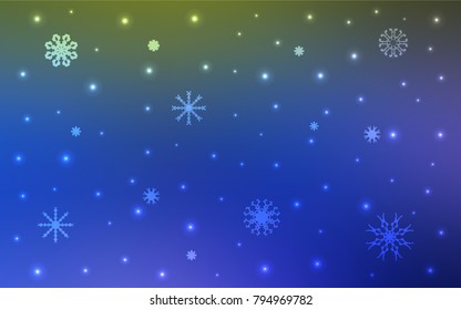 Light Blue, Green vector cover with beautiful snowflakes. Blurred decorative design in xmas style with snow. New year design for your ad, poster, banner.