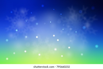 Light Blue, Green vector cover with beautiful snowflakes. Snow on blurred abstract background with gradient. New year design for your ad, poster, banner.