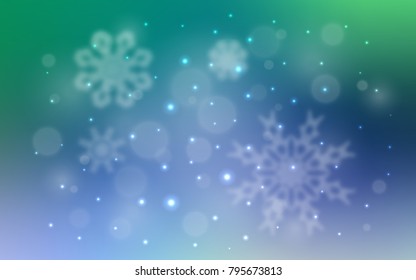 Light Blue, Green vector cover with beautiful snowflakes. Decorative shining illustration with snow on abstract template. The pattern can be used for new year leaflets.