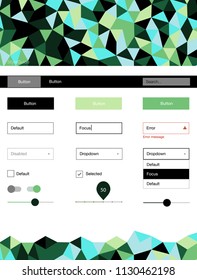 Light Blue, Green vector design ui kit with mosaic. Web ui kit with abstract gradient triangles in its header. This template you can use for landing pages.