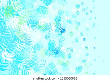 Azul claro, dorsal vectorial verde con hojas. Ilustración abstracta brillante con doodles y hojas. Diseño elegante para su libro de marca.