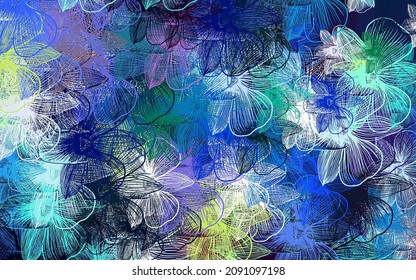 Hellblaue, grüne Vektor-Doodle-Vorlage mit Blumen. Farbige Illustration im Doodle-Stil mit Blumen. Vorlage für Hintergründe von Mobiltelefonen.