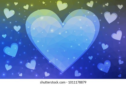 Light Blue, Green vector greeting Card Happy Valentine's Day. Lettering with hearts on the white polygonal background. Colored triangular illustration for your business.