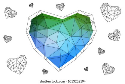 Light Blue, Green vector greeting Card Happy Valentine's Day. Lettering with hearts on the white polygonal background. Colored triangular illustration for your business.