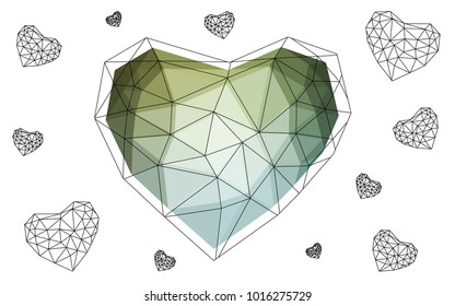 Light Blue, Green vector greeting Card Happy Valentine's Day. Lettering with hearts on the white polygonal background. Colored triangular illustration for your business.