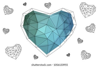 Light Blue, Green vector greeting Card Happy Valentine's Day. Lettering with hearts on the white polygonal background. Colored triangular illustration for your business.