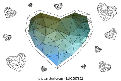 Light Blue, Green vector greeting Card Happy Valentine's Day. Lettering with hearts on the white polygonal background. Colored triangular illustration for your business.