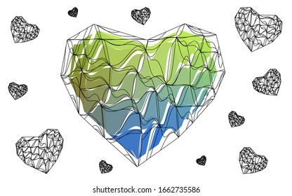 Light Blue, Green vector greeting Card Happy Valentine's Day. Lettering with hearts on the white polygonal background. Colored triangular illustration for your business.