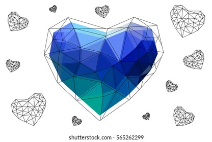 Light Blue, Green vector greeting Card Happy Valentine's Day. Lettering with hearts on the white polygonal background. Colored triangular illustration for your business.