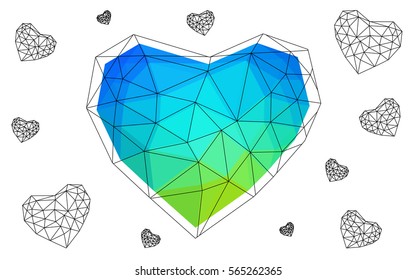 Light Blue, Green vector greeting Card Happy Valentine's Day. Lettering with hearts on the white polygonal background. Colored triangular illustration for your business.