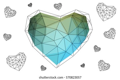 Light Blue, Green vector greeting Card Happy Valentine's Day. Lettering with hearts on the white polygonal background. Colored triangular illustration for your business.