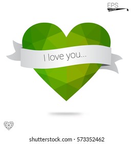 Light Blue, Green vector greeting Card Happy Valentine's Day. Lettering with hearts on the white polygonal background. Colored triangular illustration for your business.