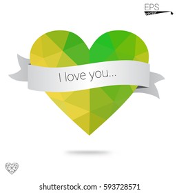 Light Blue, Green vector greeting Card Happy Valentine's Day. Lettering with hearts on the white polygonal background. Colored triangular illustration for your business.
