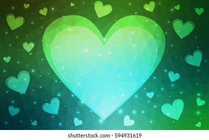 Light Blue, Green vector greeting Card Happy Valentine's Day. Lettering with hearts on the white polygonal background. Colored triangular illustration for your business.