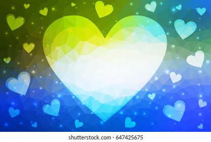 Light Blue, Green vector greeting Card Happy Valentine's Day. Lettering with hearts on the white polygonal background. Colored triangular illustration for your business.