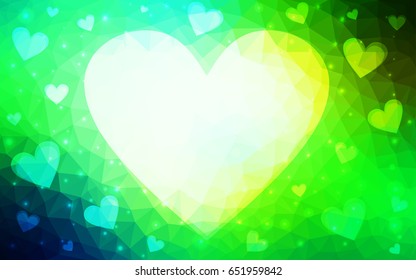 Light Blue, Green vector greeting Card Happy Valentine's Day. Lettering with hearts on the white polygonal background. Colored triangular illustration for your business.
