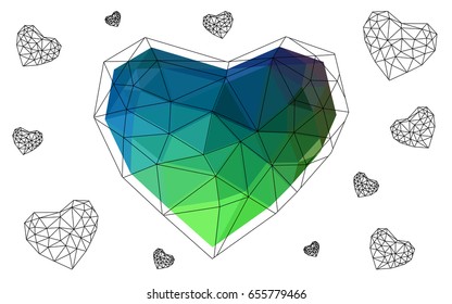 Light Blue, Green vector greeting Card Happy Valentine's Day. Lettering with hearts on the white polygonal background. Colored triangular illustration for your business.