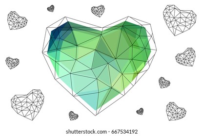 Light Blue, Green vector greeting Card Happy Valentine's Day. Lettering with hearts on the white polygonal background. Colored triangular illustration for your business.