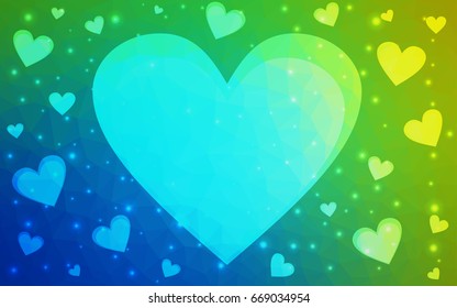 Light Blue, Green vector greeting Card Happy Valentine's Day. Lettering with hearts on the white polygonal background. Colored triangular illustration for your business.