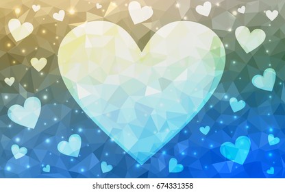 Light Blue, Green vector greeting Card Happy Valentine's Day. Lettering with hearts on the white polygonal background. Colored triangular illustration for your business.