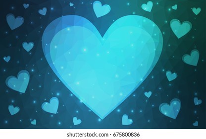 Light Blue, Green vector greeting Card Happy Valentine's Day. Lettering with hearts on the white polygonal background. Colored triangular illustration for your business.