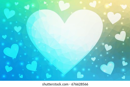 Light Blue, Green vector greeting Card Happy Valentine's Day. Lettering with hearts on the white polygonal background. Colored triangular illustration for your business.