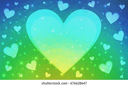 Light Blue, Green vector greeting Card Happy Valentine's Day. Lettering with hearts on the white polygonal background. Colored triangular illustration for your business.