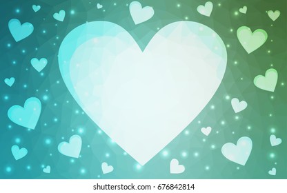 Light Blue, Green vector greeting Card Happy Valentine's Day. Lettering with hearts on the white polygonal background. Colored triangular illustration for your business.