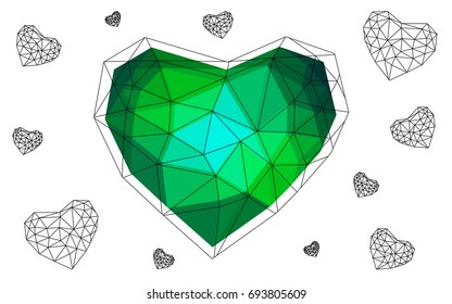 Light Blue, Green vector greeting Card Happy Valentine's Day. Lettering with hearts on the white polygonal background. Colored triangular illustration for your business.