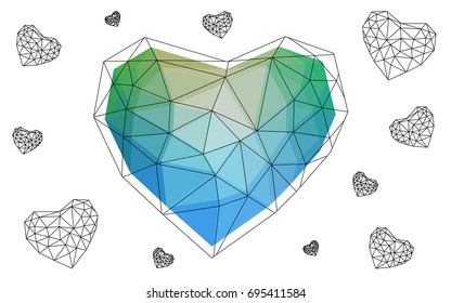 Light Blue, Green vector greeting Card Happy Valentine's Day. Lettering with hearts on the white polygonal background. Colored triangular illustration for your business.