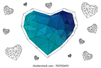 Light Blue, Green vector greeting Card Happy Valentine's Day. Lettering with hearts on the white polygonal background. Colored triangular illustration for your business.