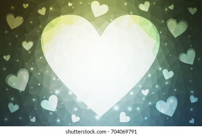 Light Blue, Green vector greeting Card Happy Valentine's Day. Lettering with hearts on the white polygonal background. Colored triangular illustration for your business.
