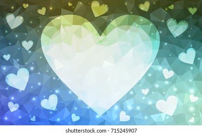 Light Blue, Green vector greeting Card Happy Valentine's Day. Lettering with hearts on the white polygonal background. Colored triangular illustration for your business.