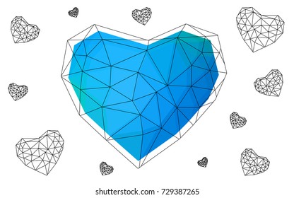 Light Blue, Green vector greeting Card Happy Valentine's Day. Lettering with hearts on the white polygonal background. Colored triangular illustration for your business.