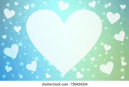 Light Blue, Green vector greeting Card Happy Valentine's Day. Lettering with hearts on the white polygonal background. Colored triangular illustration for your business.