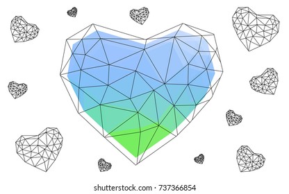Light Blue, Green vector greeting Card Happy Valentine's Day. Lettering with hearts on the white polygonal background. Colored triangular illustration for your business.