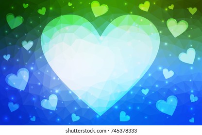 Light Blue, Green vector greeting Card Happy Valentine's Day. Lettering with hearts on the white polygonal background. Colored triangular illustration for your business.