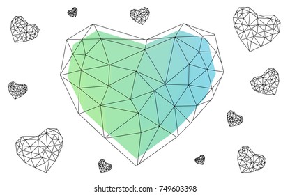 Light Blue, Green vector greeting Card Happy Valentine's Day. Lettering with hearts on the white polygonal background. Colored triangular illustration for your business.