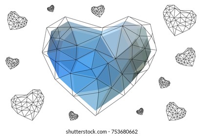 Light Blue, Green vector greeting Card Happy Valentine's Day. Lettering with hearts on the white polygonal background. Colored triangular illustration for your business.