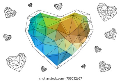 Light Blue, Green vector greeting Card Happy Valentine's Day. Lettering with hearts on the white polygonal background. Colored triangular illustration for your business.