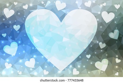 Light Blue, Green vector greeting Card Happy Valentine's Day. Lettering with hearts on the white polygonal background. Colored triangular illustration for your business.