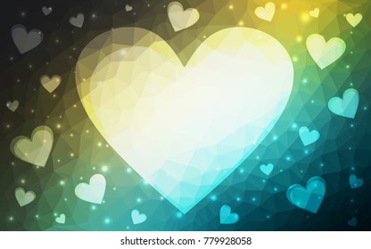 Light Blue, Green vector greeting Card Happy Valentine's Day. Lettering with hearts on the white polygonal background. Colored triangular illustration for your business.