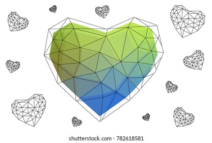 Light Blue, Green vector greeting Card Happy Valentine's Day. Lettering with hearts on the white polygonal background. Colored triangular illustration for your business.