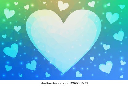 Light Blue, Green vector heart isolated on white background. Geometric rumpled triangular low poly origami style gradient graphic illustration. Polygonal design for your business.