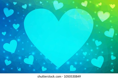 Light Blue, Green vector heart isolated on white background. Geometric rumpled triangular low poly origami style gradient graphic illustration. Polygonal design for your business.