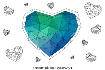 Light Blue, Green vector heart isolated on white background. Geometric rumpled triangular low poly origami style gradient graphic illustration. Polygonal design for your business.
